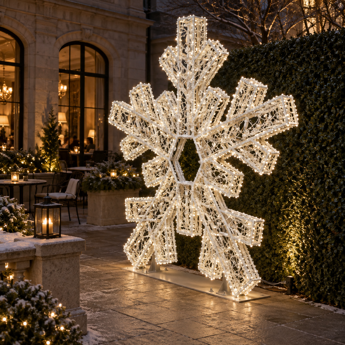 2D Snowflake Sculpture — installed in a real-world setting, outdoor scene