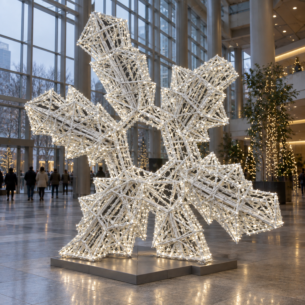 3D Snowflake Sculpture — installed in a real-world setting, indoor scene