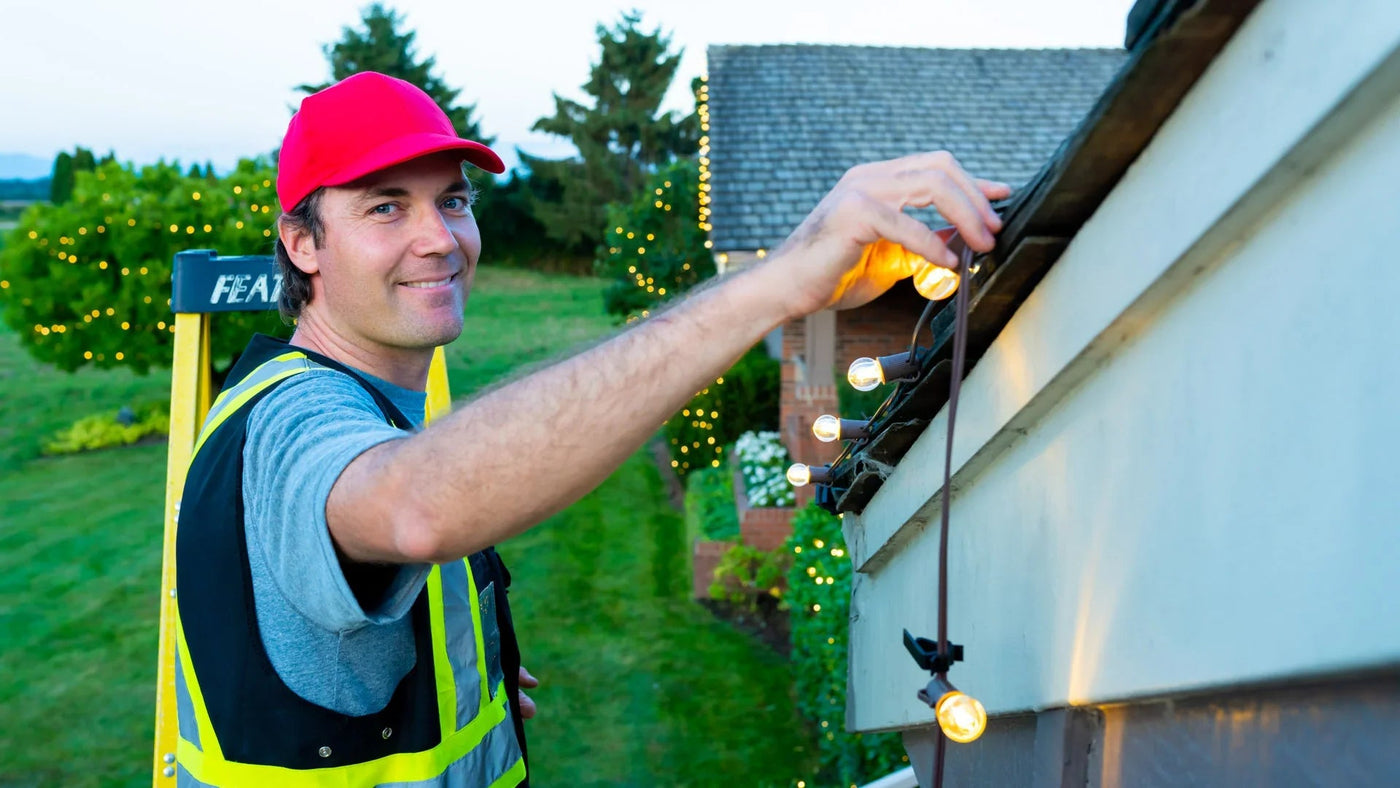 Person installing outdoor string lights on a house exterior