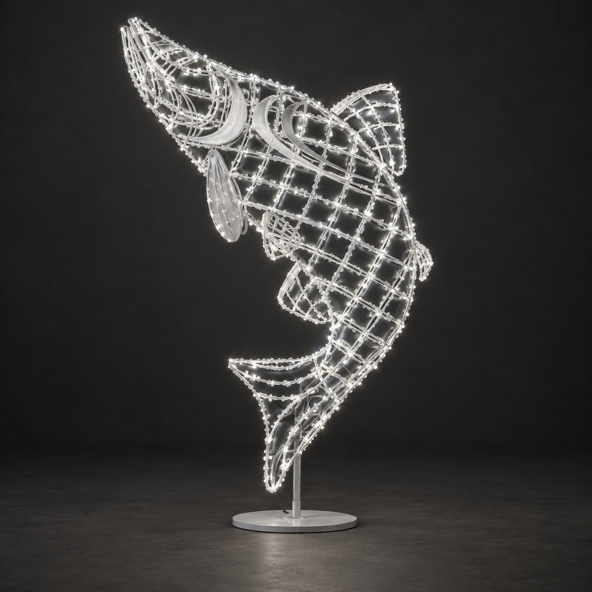 Fish Sculpture β illuminated sculpture with beaded mini lights, dark studio view