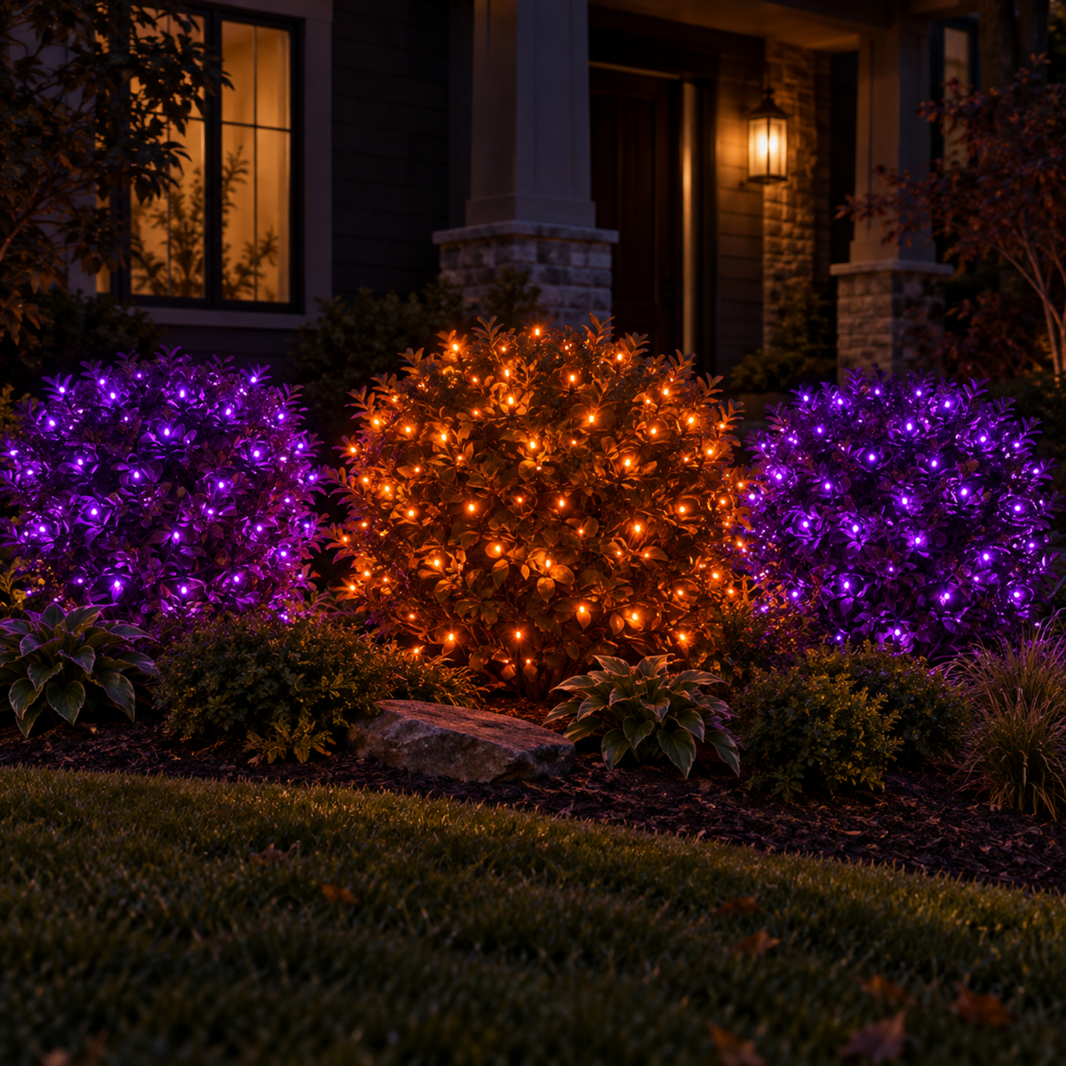Halloween After Dark Bundle installed-result example showing three 25-ft foliage zones: two purple and one orange