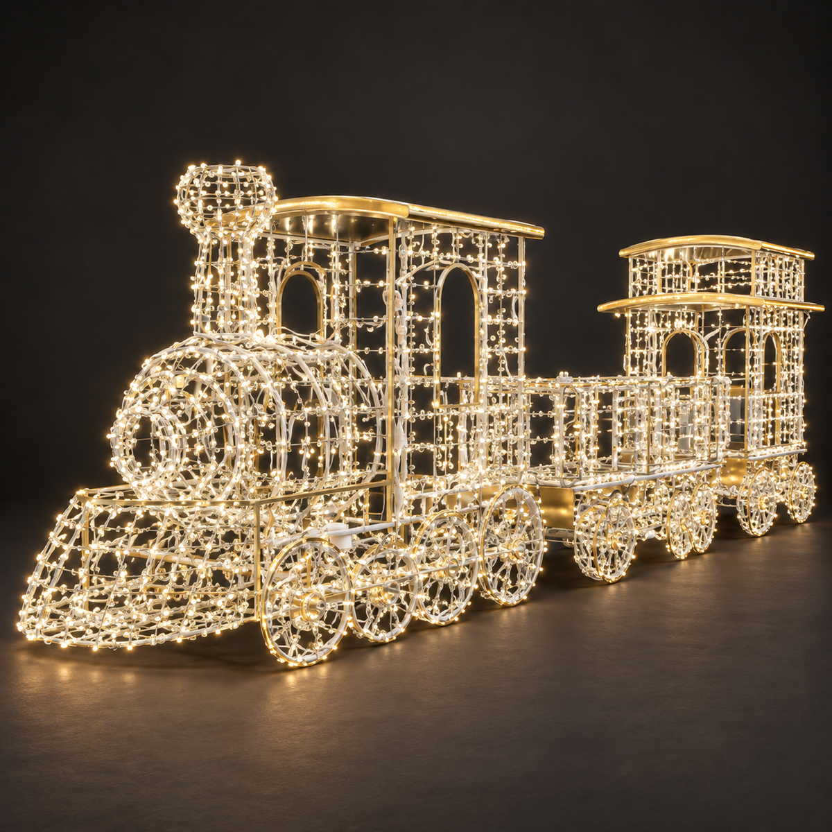 Toy Train Sculpture — illuminated sculpture with beaded mini lights, dark studio view