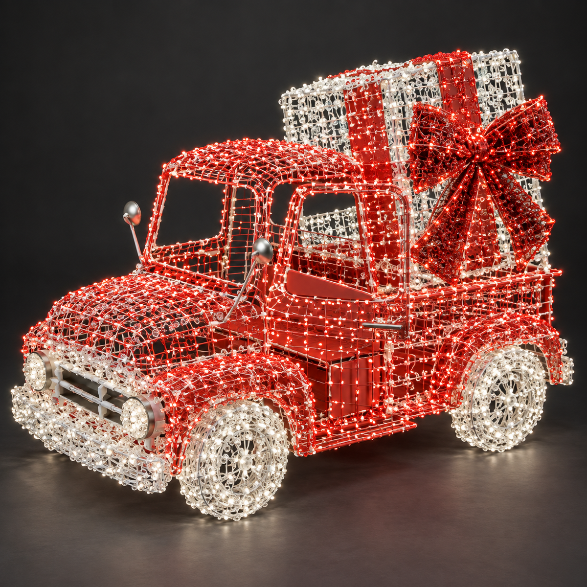 Toy Car Sculpture — illuminated sculpture with beaded mini lights, dark studio view