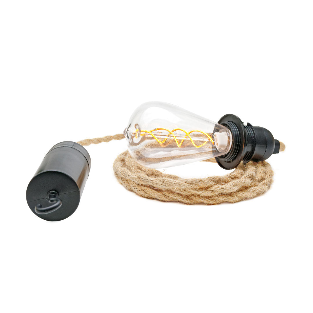 Commercial Summer Lighting - 5V Battery adapter for pendant lights shown with jute pendant stringer