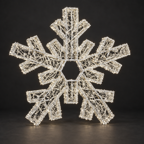 2D Snowflake Sculpture — illuminated sculpture with beaded mini lights, dark studio view