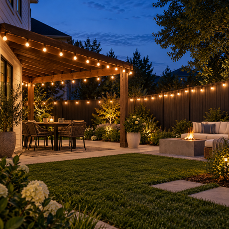 Backyard Glow Bundle (100 ft) installed-result example showing warm-white fence, pergola, or gazebo line