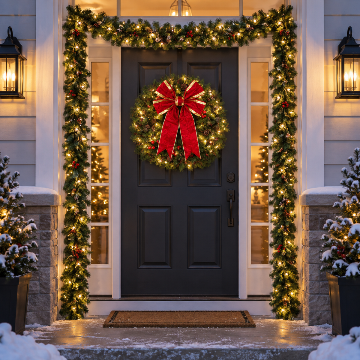 Christmas Entryway Bundle installed-result example showing one lit wreath, two matching 9-ft garlands, and one red-and-gold bow