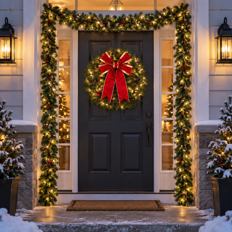 Christmas Entryway Bundle installed-result example showing one lit wreath, two matching 9-ft garlands, and one red-and-gold bow