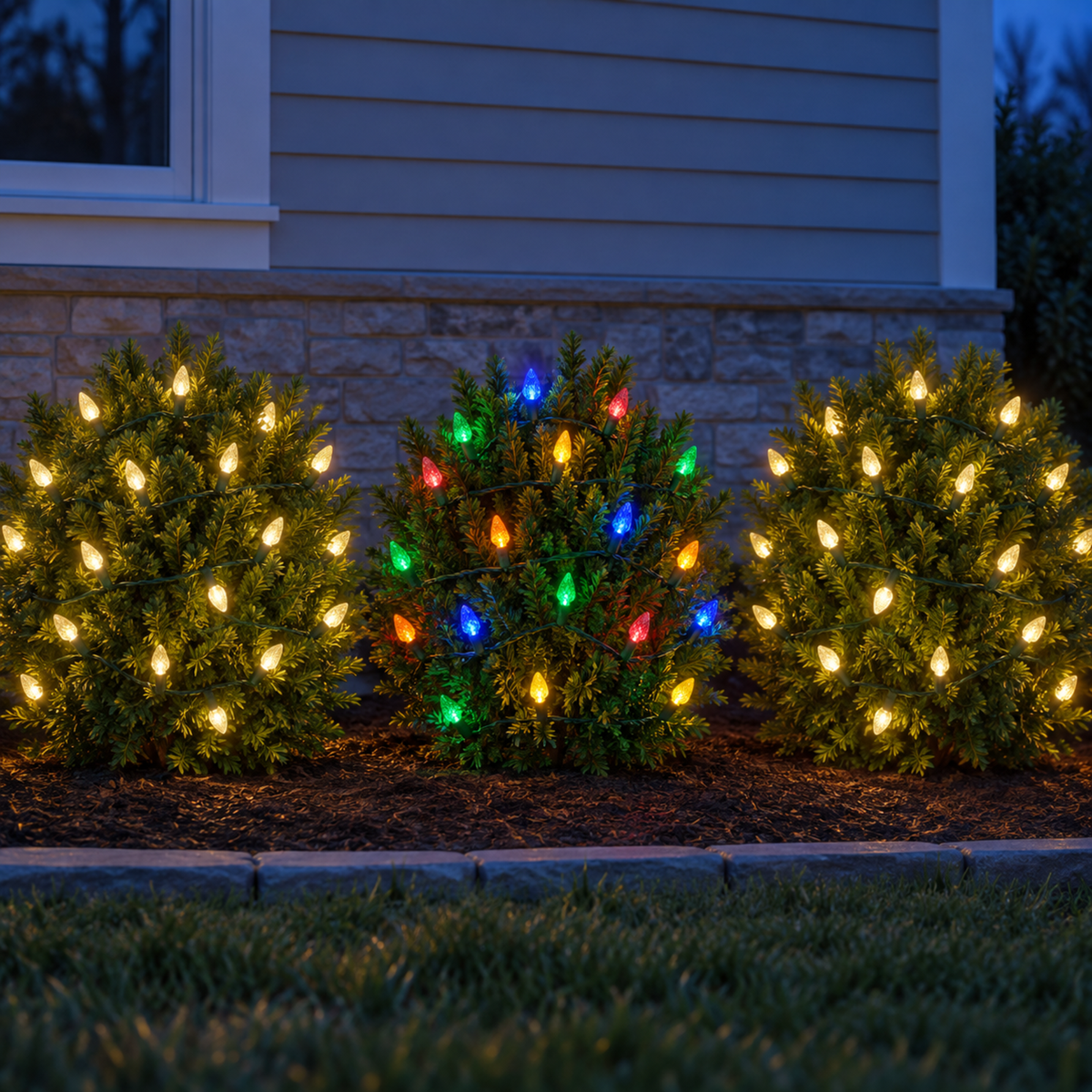 Christmas Foliage Glow Bundle installed-result example showing three c6 foliage zones: two warm white and one multicolor