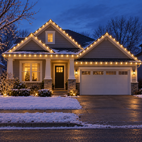 Christmas Roofline Bundle (100 ft) installed-result example showing classic warm-white c9 roofline