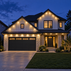 Chromaglow Pro Home Essential installed-result example showing 100 ft / focused coverage