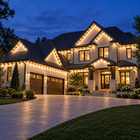 Chromaglow Pro Home Plus installed-result example showing 300 ft / extended roofline