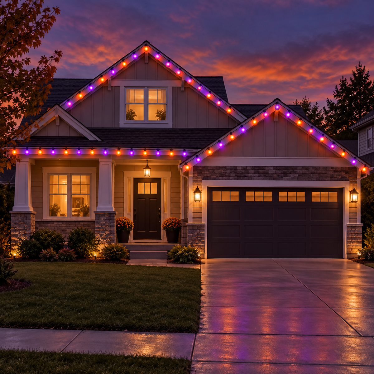 Halloween Roofline Bundle (100 ft) installed-result example showing alternating orange-and-purple g30 roofline