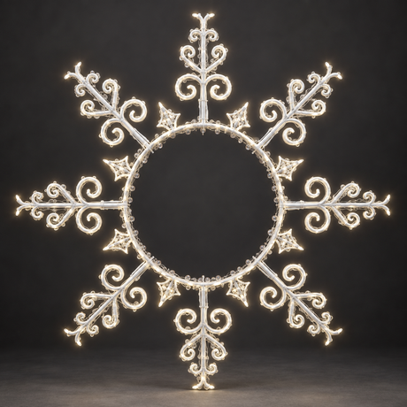 Halo Snowflake Polemount — illuminated sculpture with beaded mini lights, dark studio view