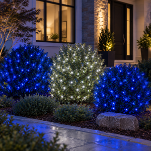 Hanukkah Blue & White Bundle installed-result example showing three 25-ft foliage zones: two blue and one pure white
