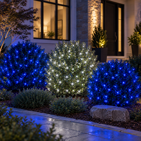 Hanukkah Blue & White Bundle installed-result example showing three 25-ft foliage zones: two blue and one pure white