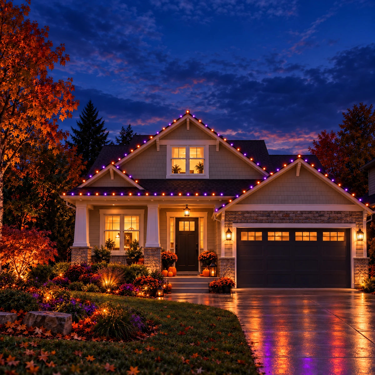 Halloween Roofline Bundle: orange and purple globe lights on a welcoming home at dusk
