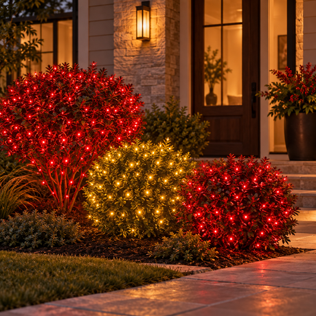 Lunar New Year Luck & Light Bundle installed-result example showing three 25-ft foliage zones: two red and one golden yellow