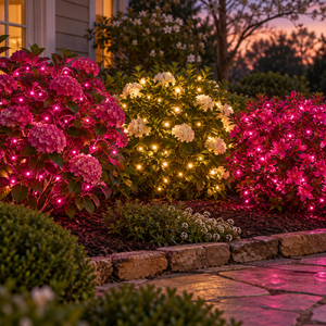 Mother's Day Garden Glow Bundle installed-result example showing three 25-ft garden zones: two fuchsia and one warm white