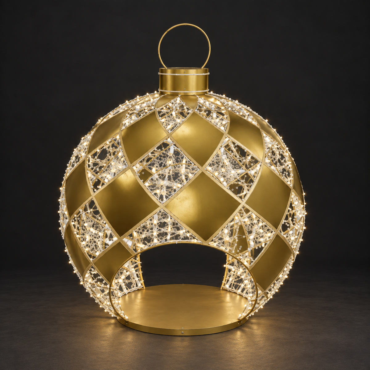 Ornament 2 Sculpture — illuminated sculpture with beaded mini lights, dark studio view
