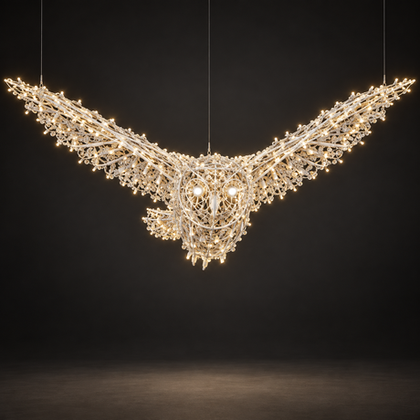 Owl Sculpture — illuminated sculpture with beaded mini lights, dark studio view
