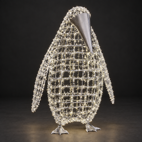 Penguin Sculpture — illuminated sculpture with beaded mini lights, dark studio view