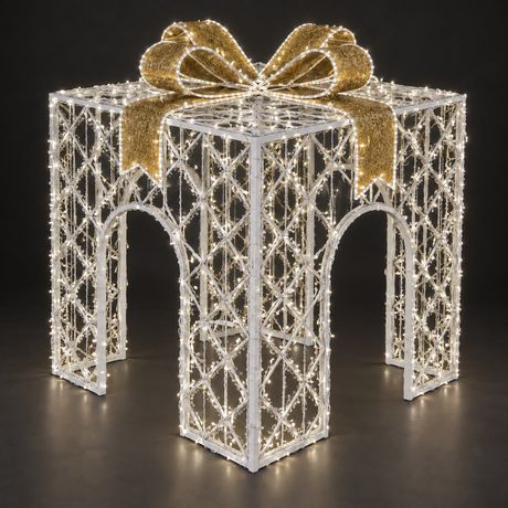 Present Sculpture — illuminated sculpture with beaded mini lights, dark studio view