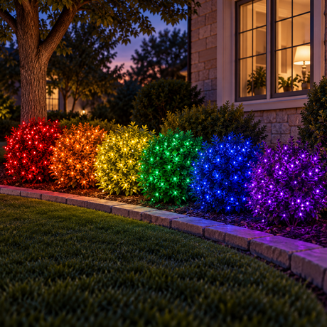 Pride Rainbow Glow Bundle installed-result example showing six 25-ft rainbow foliage zones