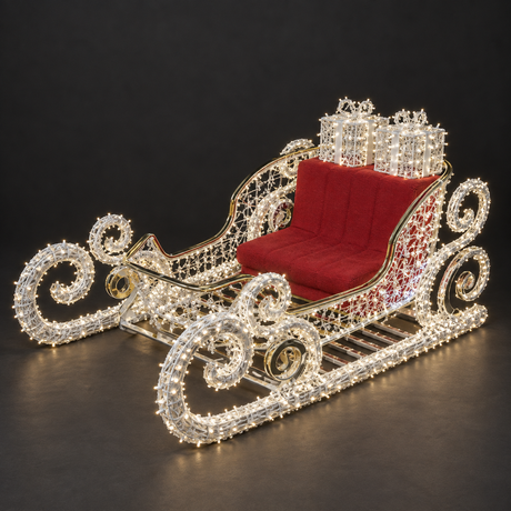 Santa’s Sleigh Sculpture — illuminated sculpture with beaded mini lights, dark studio view