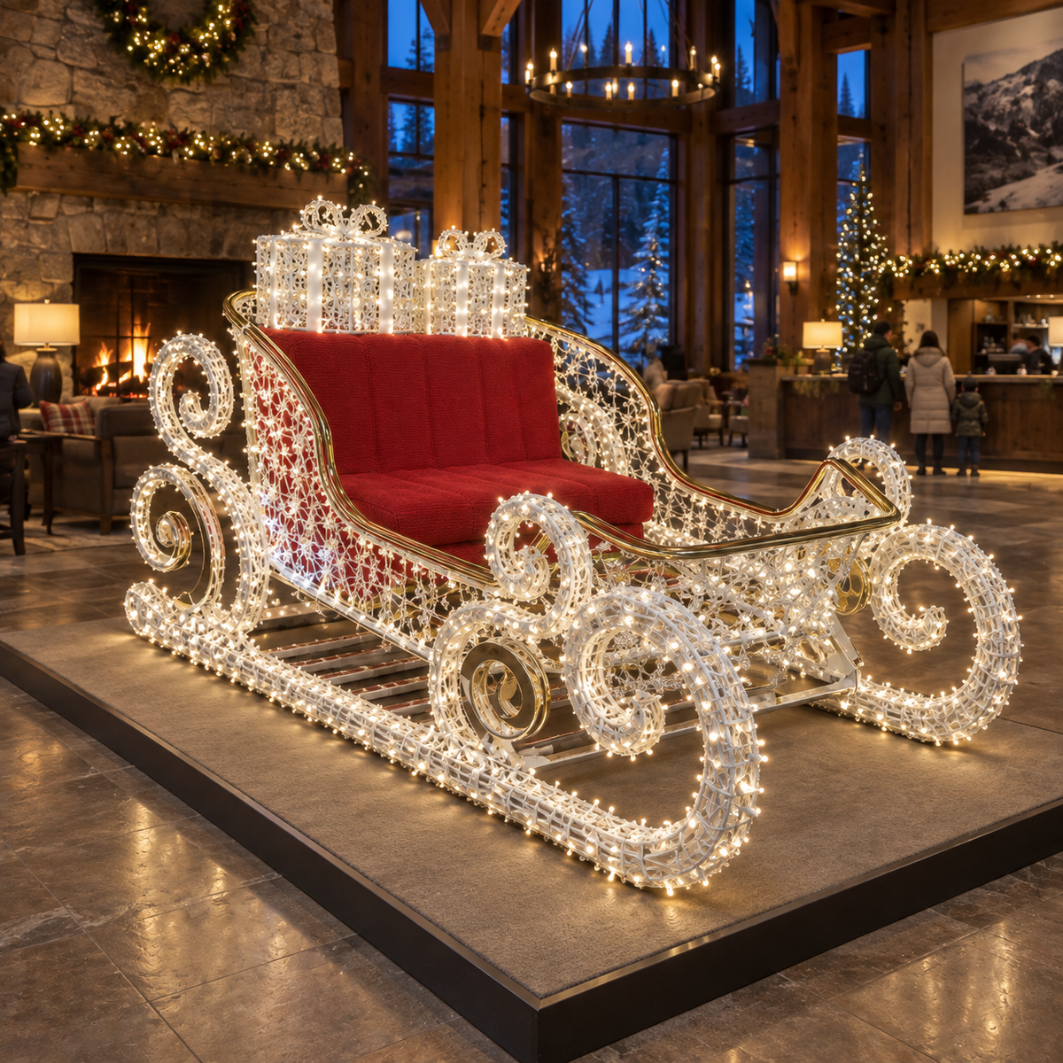 Santa’s Sleigh Sculpture — installed in a real-world setting, indoor scene