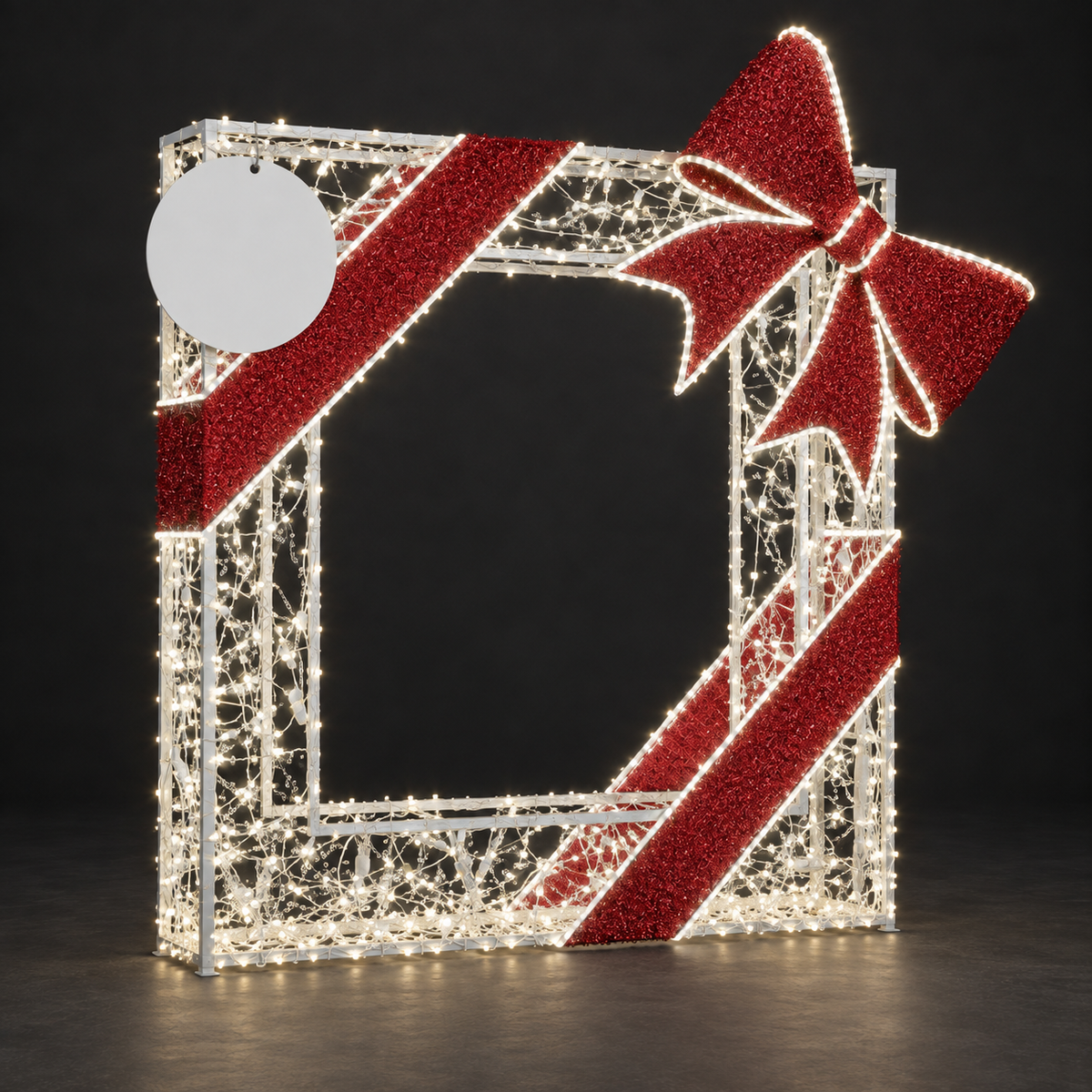 Selfie Station Sculpture — illuminated sculpture with beaded mini lights, dark studio view