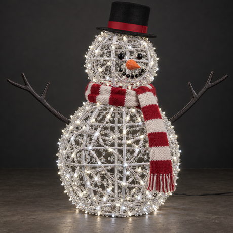 Snowman Sculpture — illuminated sculpture with beaded mini lights, dark studio view