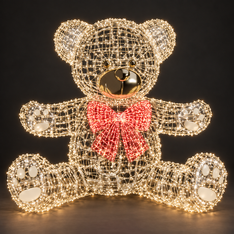 Toy Bear Sculpture — illuminated sculpture with beaded mini lights, dark studio view