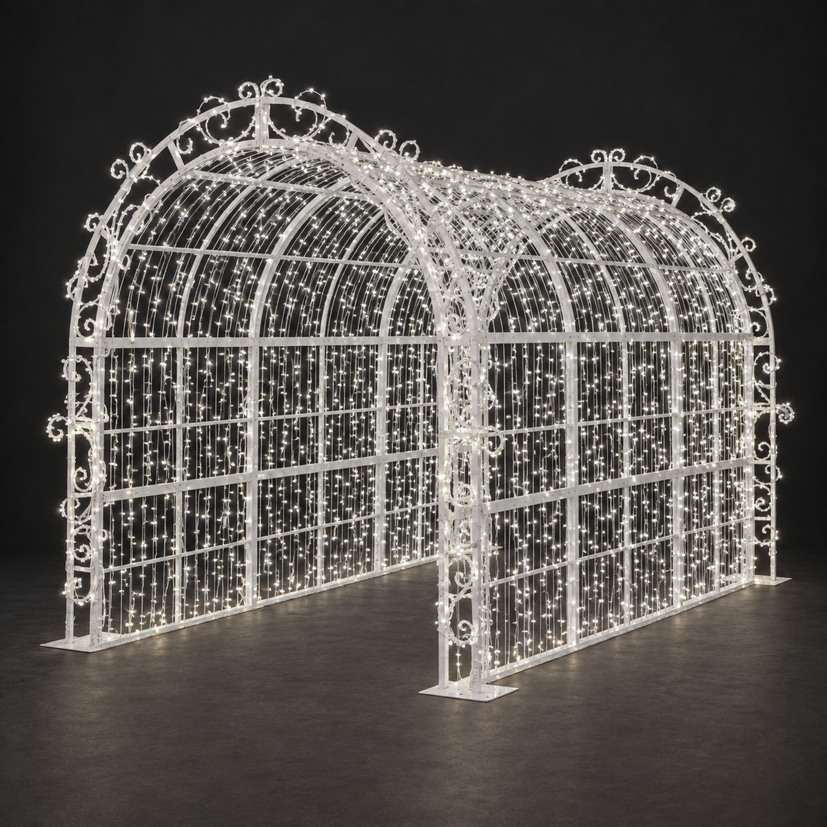 Tunnel Sculpture — illuminated sculpture with beaded mini lights, dark studio view