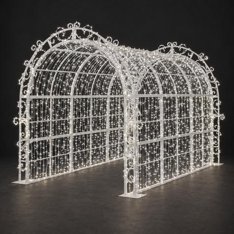 Tunnel Sculpture — illuminated sculpture with beaded mini lights, dark studio view