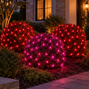 Valentine Heart Glow Bundle installed-result example showing three 25-ft foliage zones: two red and one fuchsia