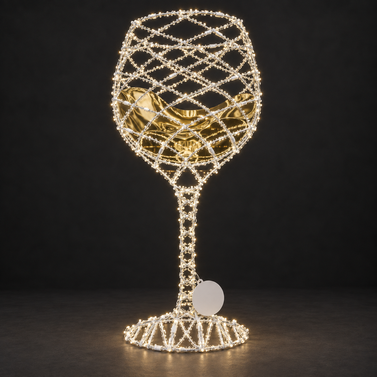 Wine Glass Sculpture — illuminated sculpture with beaded mini lights, dark studio view