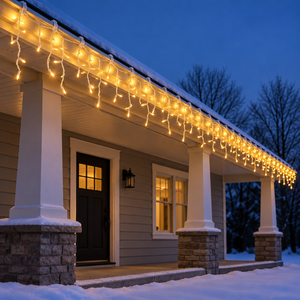 Winter Icicle Glow Bundle (42 ft) installed-result example showing steady warm-white icicles with restrained twinkle